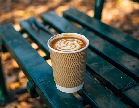 Latte in a takeaway cup on a bench with a swirly pattern photo