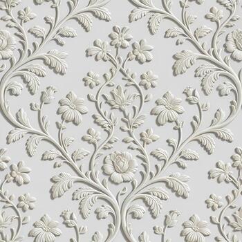 A sophisticated, repeating pattern of embossed roses and leaves on a light cream background. photo