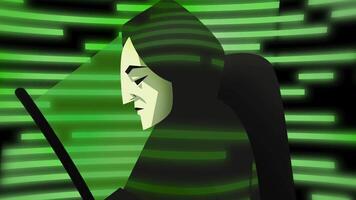 masked hacker using a computer and green code video