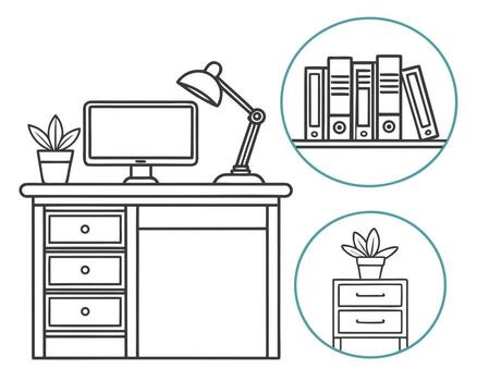 Monochrome desk setup with computer lamp plant and additional office elements illustration vector