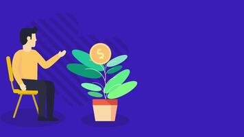 this animation illustrating the metaphor of a man watering a money bearing plant to show how patient saving and investing can lead to significant wealth and financial freedom. video