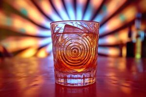 ámbar bebida con hielo en un texturizado vaso en contra vistoso antecedentes. foto
