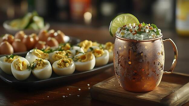 Deviled Eggs and Refreshing Drink on a Rustic Table photo
