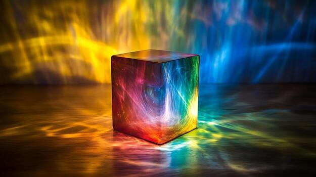 Colorful Abstract Cube Illuminated by Dynamic Light Patterns. photo
