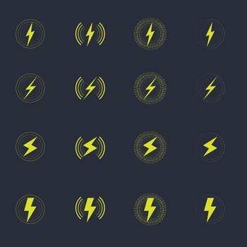 Modern green wireless charging icons set on dark background. Creative symbols with lightning bolts and different circle pictograms. Mobile battery charger tech application indicators interface design vector