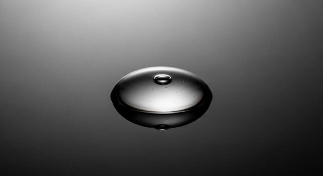A single water droplet on a reflective surface, creating a minimalist and abstract composition, with beautiful reflections and lighting. photo