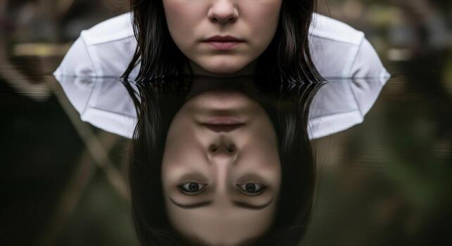 Surreal image of a pensive woman emerging from dark water, her face reflected in the surface creating a haunting, mirrored effect, evoking themes of identity and reflection. photo
