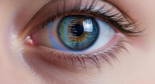 Close-up of a human eye reflecting a digital code, symbolizing artificial intelligence, technology, and the future of data. photo