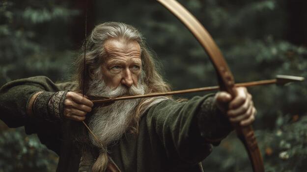 Experienced Archer Aiming Bow in Mystical Forest Setting at Dusk with Focused Expression and Flowing Hair photo
