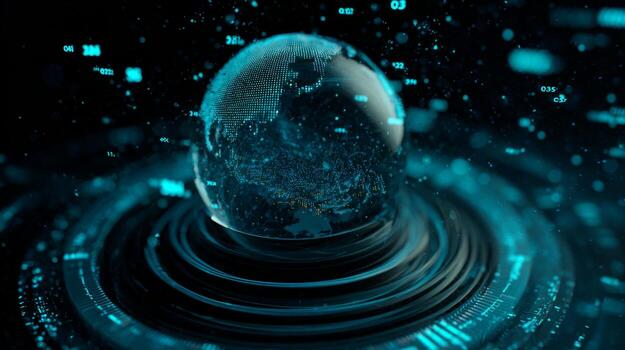 Abstract representation of a futuristic globe with data visualization and digital effects in vibrant colors photo