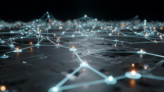 Futuristic Digital Network with Illuminated Nodes Connecting Through Wireframe Structure on Dark Background photo