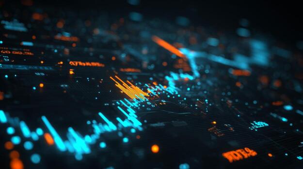 Abstract Digital Data Visualization with Vibrant Blue and Orange Elements Symbolizing Technology and Information Flow photo