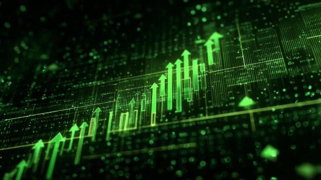 Abstract green digital financial data visualization with upward trends and glowing arrows in a futuristic background. photo