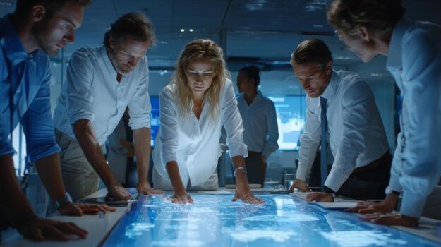 Team of Professionals Collaborating Over Digital Interface in Modern Office Environment for Strategic Planning Session photo