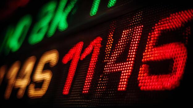 Close-Up of Digital Stock Market Display with Bright Red and Green Numbers Indicating Price Movement and Market Trends photo