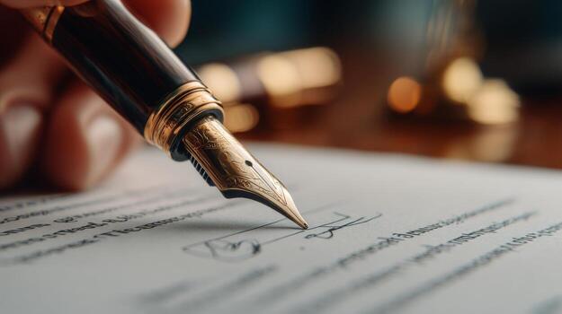 Elegant fountain pen poised over a document showcasing the art of signature in a professional office environment photo