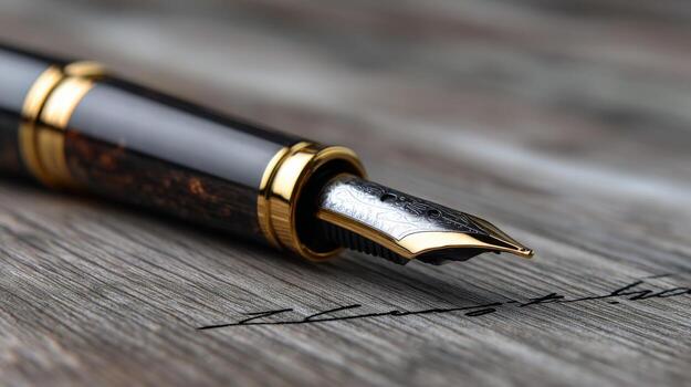Elegant fountain pen with intricate nib design resting on wooden surface with handwritten signature, luxury stationery concept photo