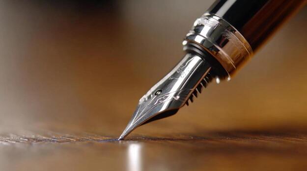 Close-up of a fountain pen nib poised above a wooden surface ready to create elegant handwritten notes photo