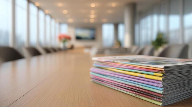 Stacked Magazines on Conference Table in Modern Office with Bright Natural Light and Stylish Decor photo