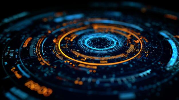 Futuristic Digital Interface with Abstract Data Circles and Glowing Elements in Dark Background for Technology Concept photo