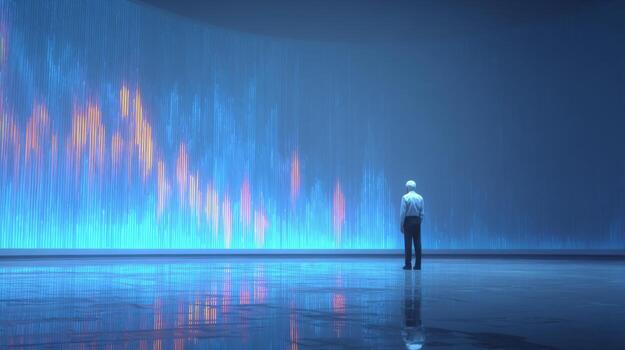 Person Standing in Futuristic Space with Colorful Digital Patterns and Reflective Floor Creating a Unique Atmosphere photo