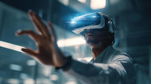 Man Engaged in Virtual Reality Experience with Advanced Headset in a Futuristic High-Tech Environment photo