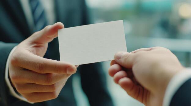 Business person exchanging blank business card between two professional individuals in a modern office setting photo
