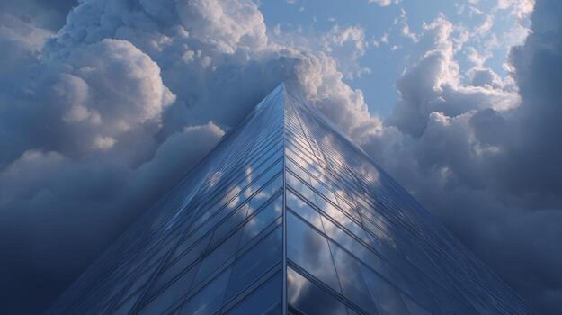 Modern glass skyscraper under dramatic cloudscape with clear blue sky and sunlight reflecting on surfaces, a breathtaking architectural view photo
