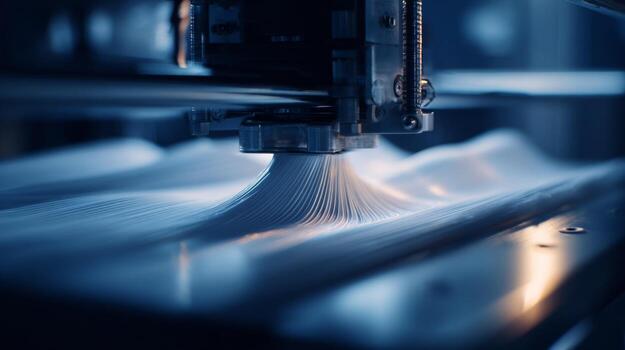 Close-Up View of Advanced 3D Printer Extruding Plastic Filament in a High-Tech Manufacturing Environment photo