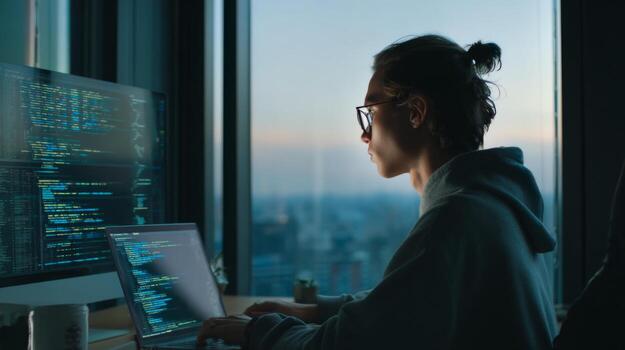 joven programador trabajando tarde a noche con ordenador portátil y escritorio pantalla, codificación en contra ciudad horizonte a oscuridad foto