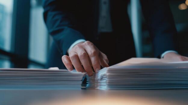 Business Professional Organizing Documents on Desk with Soft Natural Lighting and Office Environment Background photo