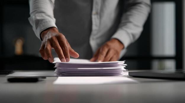 Man with Hands Organizing Stacks of Papers on a Modern Desk in a Bright Office Environment with a Laptop and Smartphone Nearby photo