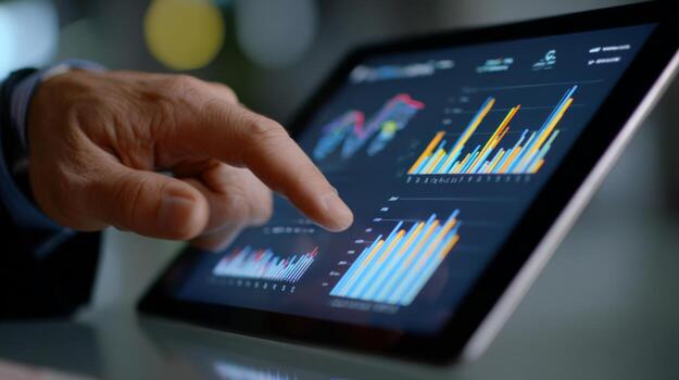 Hand pointing at touchscreen tablet displaying data visualizations and graphs for digital analysis and business insights photo