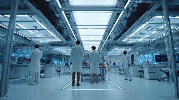 Modern laboratory with scientists working on advanced research and technology in a futuristic setting focused on innovation and discovery photo