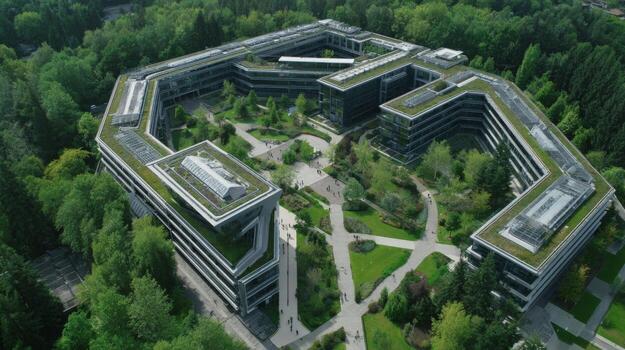 Aerial View of Modern Architectural Complex Surrounded by Lush Greenery and Well-Designed Outdoor Spaces photo
