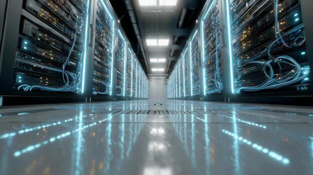 Futuristic Data Center with Server Racks and Neon Lighting Showcasing Modern Technology and Network Connectivity photo
