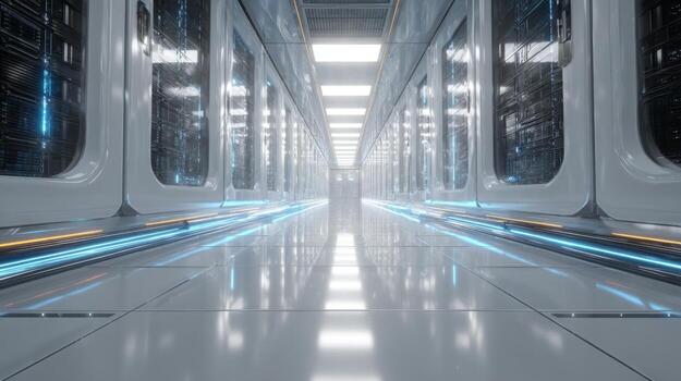 Modern Data Center Corridor with Bright Lighting and Glowing Lines for High-Tech Environments or Future Technology Visualization photo