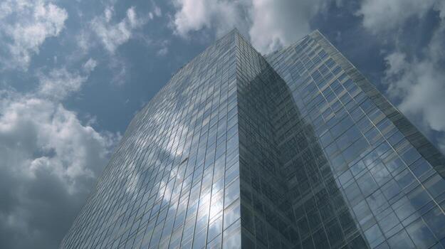 Modern skyscraper with reflective glass surface under a cloudy sky, showcasing contemporary architecture and urban design elements photo