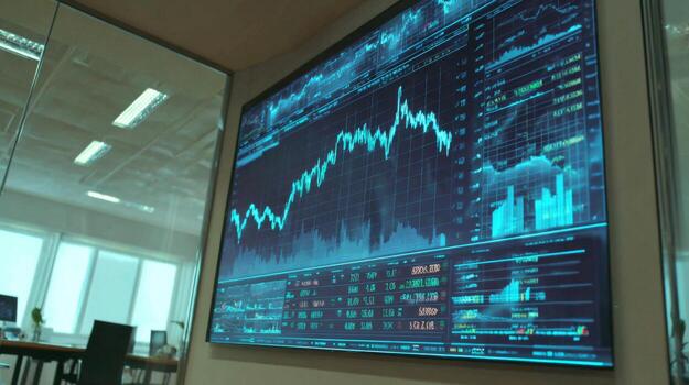 Stock market analysis display with financial data and graphs in modern office setting showcasing technology and business analytics photo