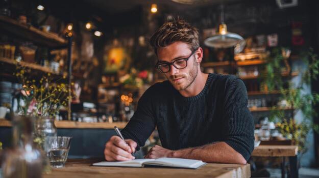 man writing in notebook in cafe photo