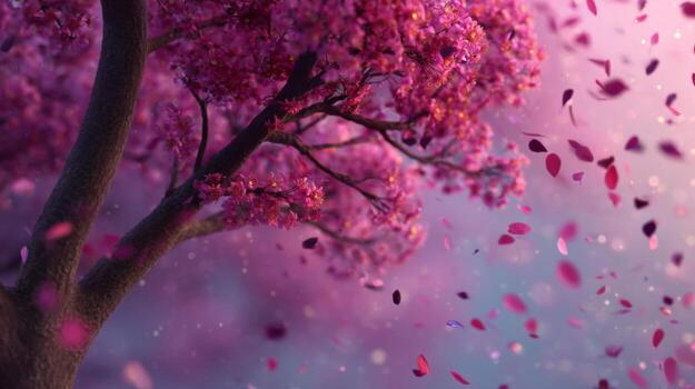 Beautiful Cherry Blossom Tree in Full Bloom with Floating Petals Against a Soft Pastel Background photo