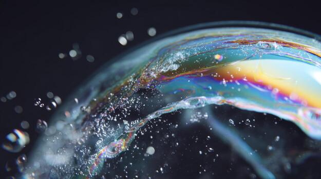 Close-up View of Colorful Soap Bubble with Iridescent Patterns and Water Droplets on a Black Background photo