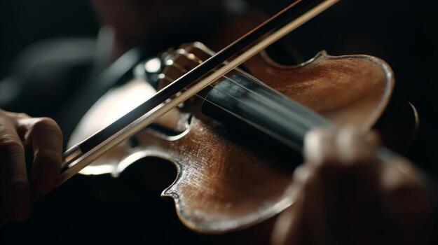 Close-Up of Hand Playing Violin with Bow in Dark Background, Expressive Music Performance with Focus on Instrument Details photo