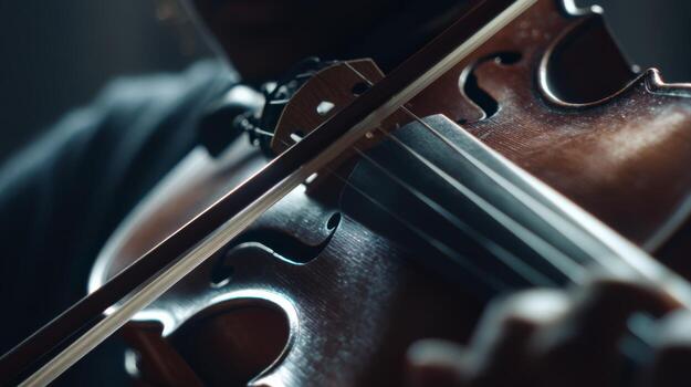 Close-Up of a Violin Played by an Artist in a Dimly Lit Environment, Showcasing the Intricate Details and Craftsmanship photo