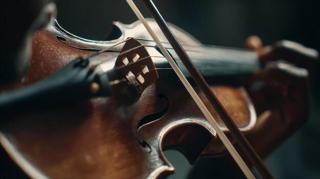 Close-up of a Hand Playing a Beautiful Wooden Violin with a Bow in Soft Focus Background photo