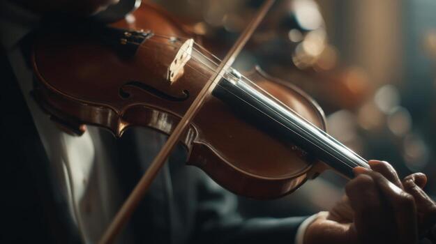 Close-Up of Hands Playing Violin with Soft Lighting in Background at Music Concert or Performance photo