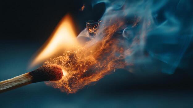 Close-Up of a Matchstick Igniting with Flames and Smoke on a Dark Background, Capturing the Beauty of Combustion photo