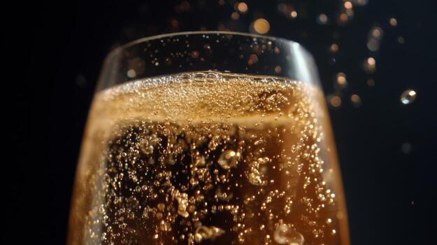 Close-Up of Sparkling Beverage in Glass with Bubbles Against Dark Background Capturing Refreshing Moment photo