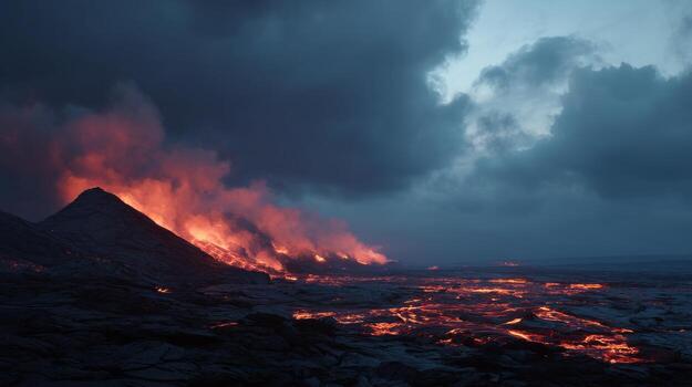 Majestic Active Volcano Erupting with Lava Flow Under Dramatic Cloudy Sky at Dusk photo