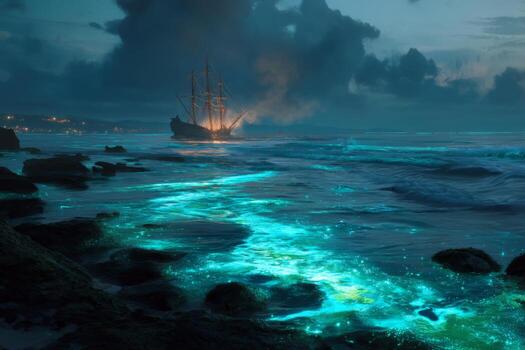 Mysterious Ship in Twilight Ocean with Bioluminescent Waves Under Dramatic Clouds and Glowing Shoreline photo